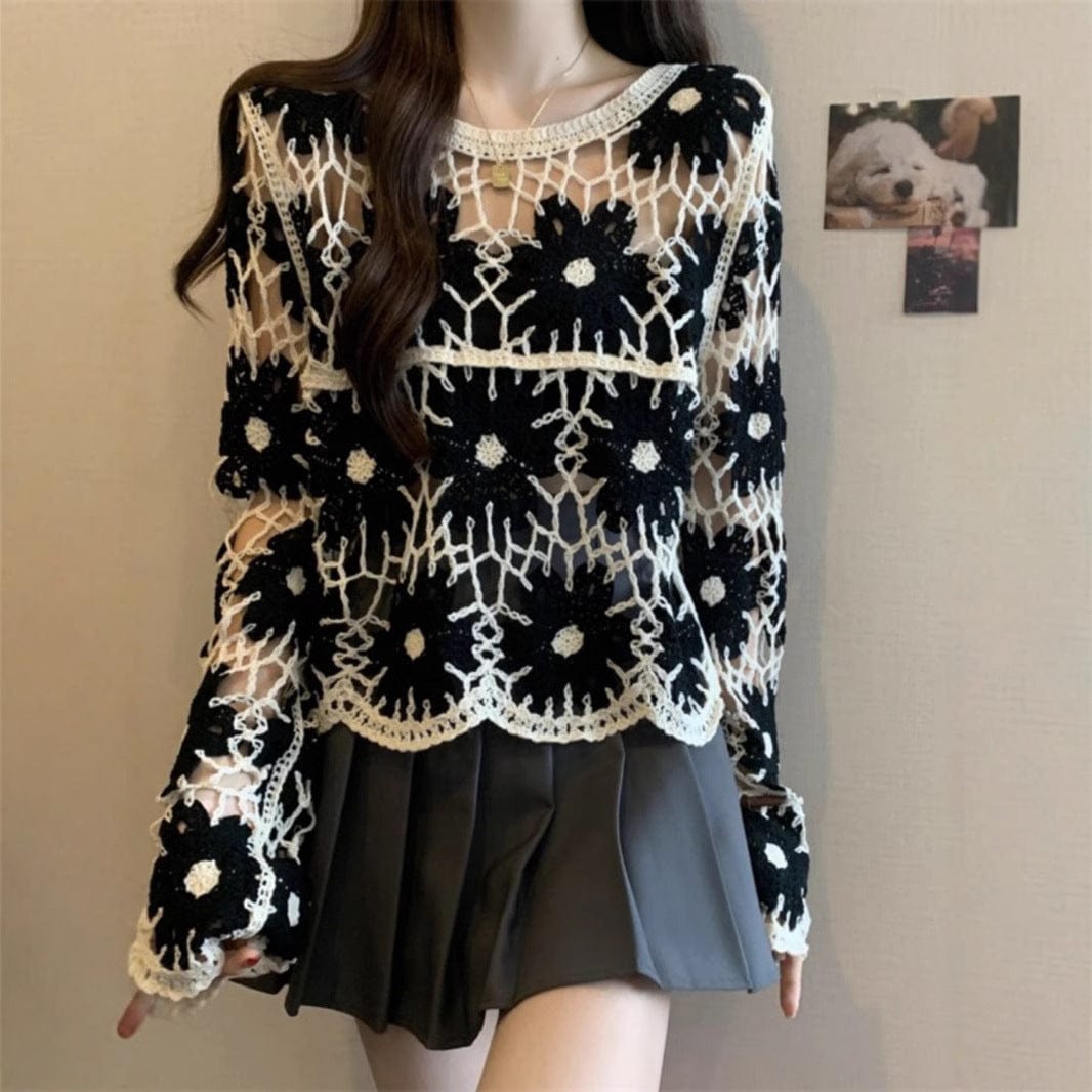 French Style Unique Crocheted Hollow Sweater