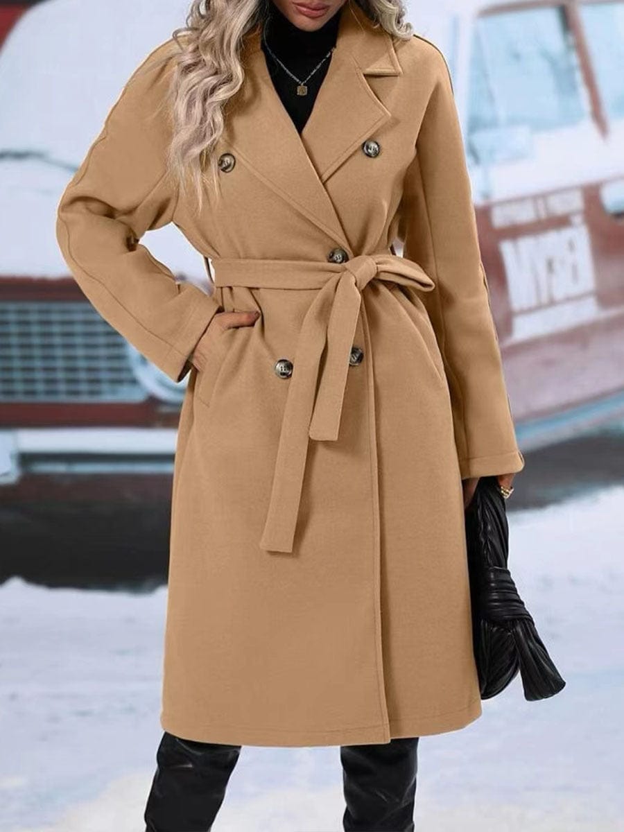 Lapel Double-breasted Trench Coat With Belt Winter Fashion Solid Color Long Jacket