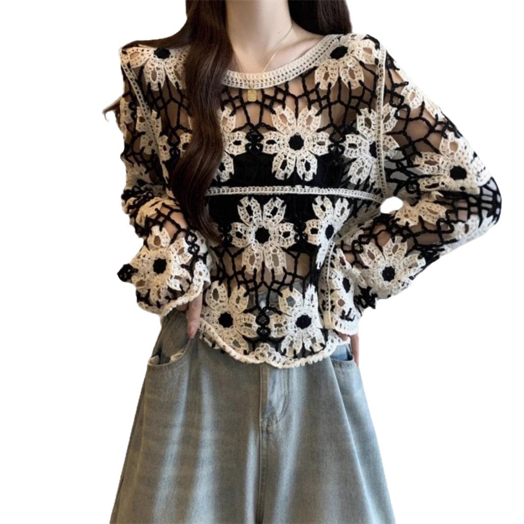 French Style Unique Crocheted Hollow Sweater