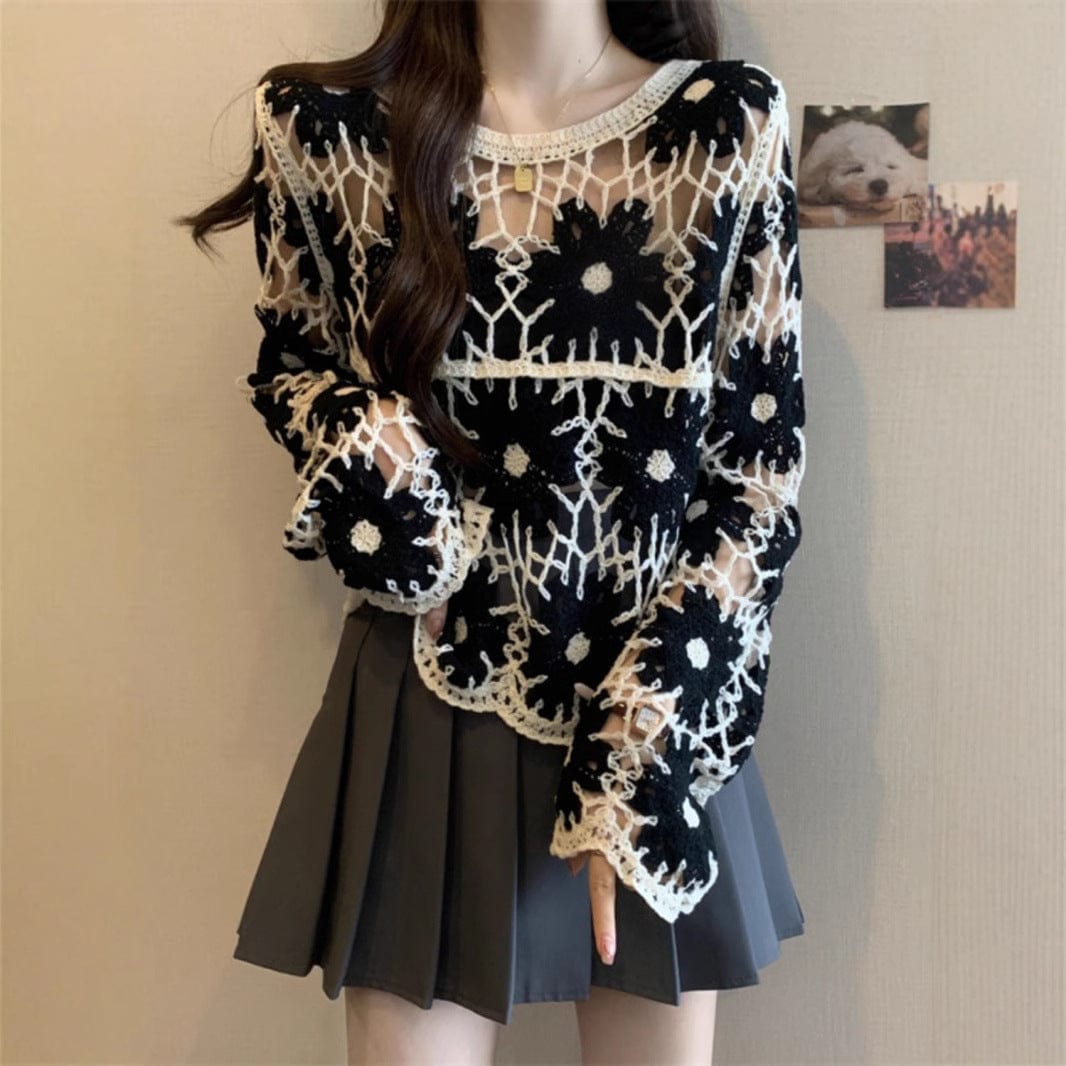 French Style Unique Crocheted Hollow Sweater