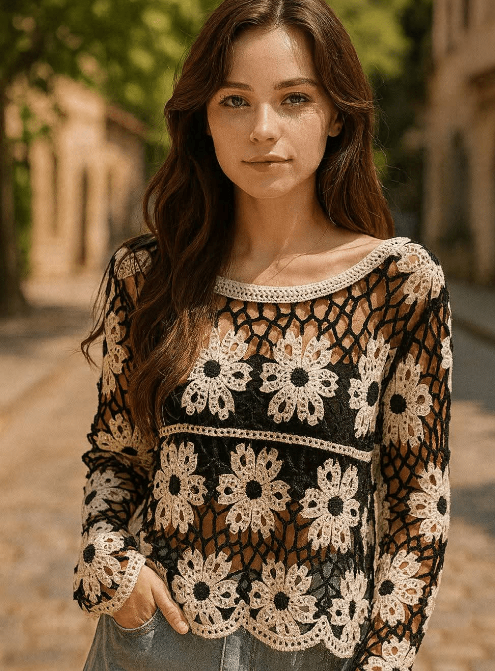 French Style Unique Crocheted Hollow Sweater