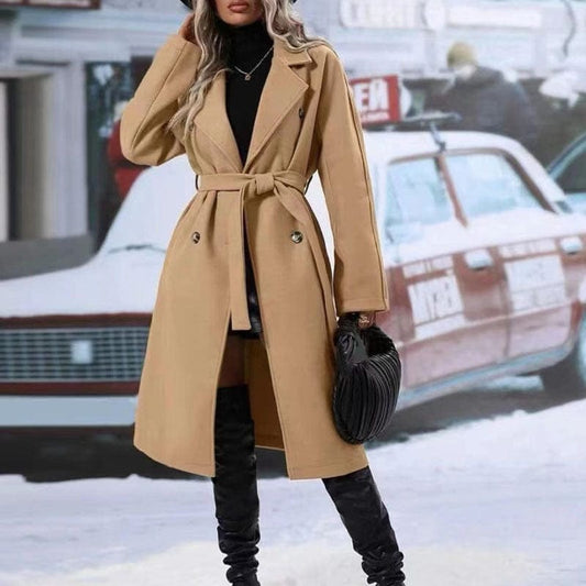 Lapel Double-breasted Trench Coat With Belt Winter Fashion Solid Color Long Jacket