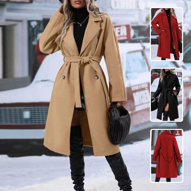 Lapel Double-breasted Trench Coat With Belt Winter Fashion Solid Color Long Jacket