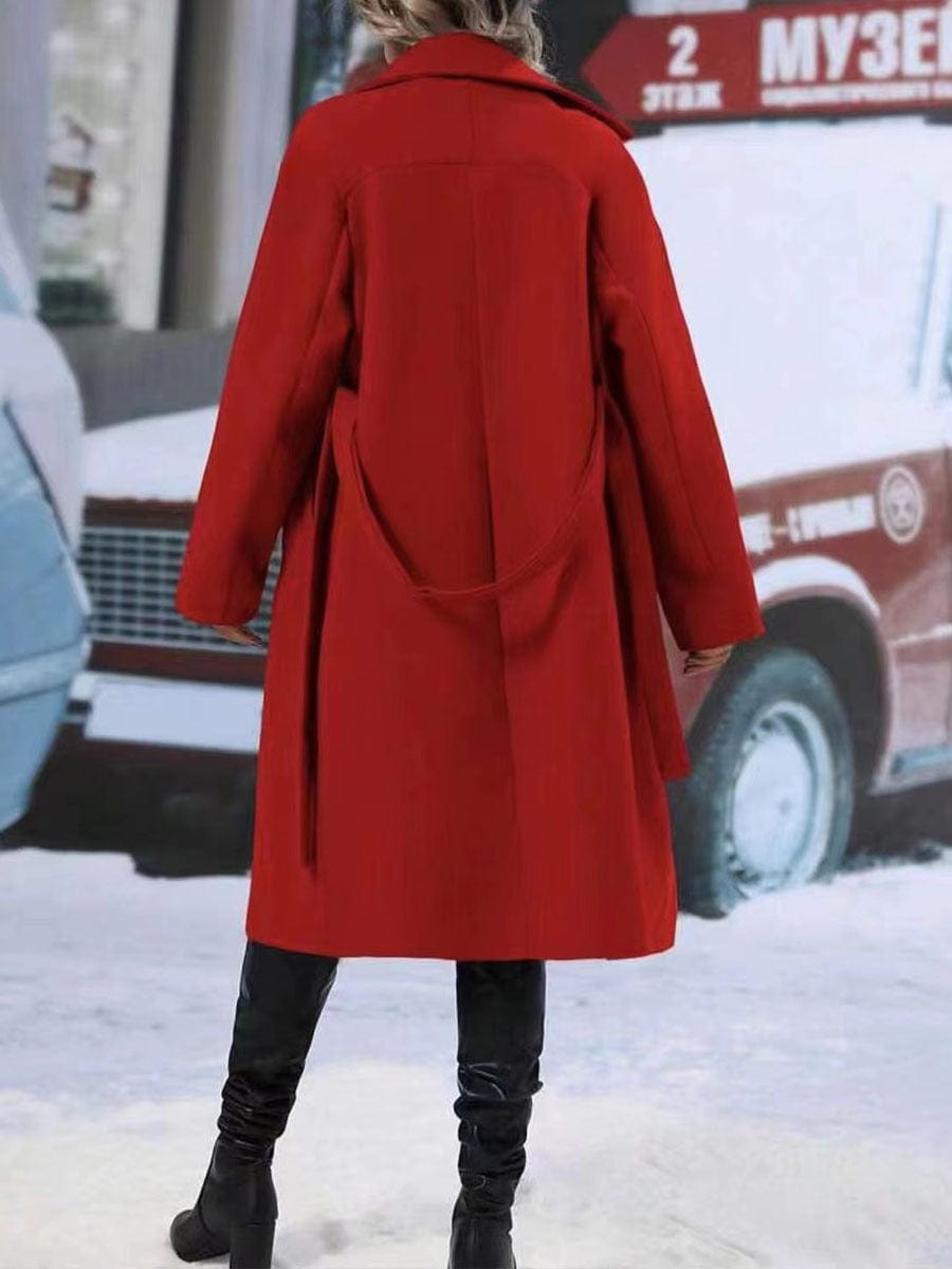 Lapel Double-breasted Trench Coat With Belt Winter Fashion Solid Color Long Jacket